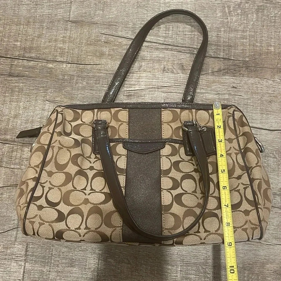 Coach - Signature Stripe Nancy Satchel Handbag 28505 - Khaki Brown Mahogany - Picture 10 of 15